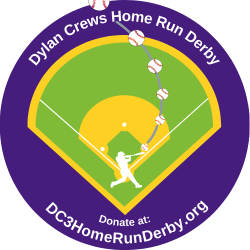 Purple circle with baseball field outlined in yellow and green, and baseball player hitting a home run.