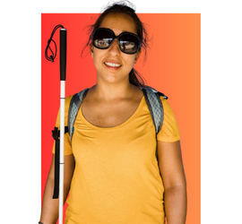 Teen girl with light brown skin and brown ponytail, wearing sunglasses, a gray backpack and holding a white cane