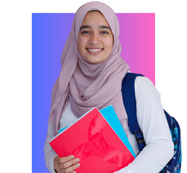 Woman wearing a hijab holding a red and blue folder