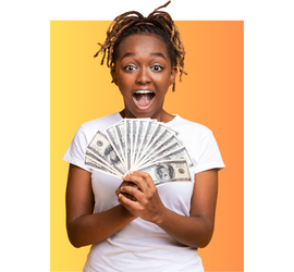 Black tee wearing her hair in a ponytail and a white shirt holding a fan of money.