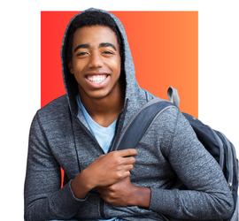 Black Teen with black hair wearing a gray hooded jacket and blue shirt