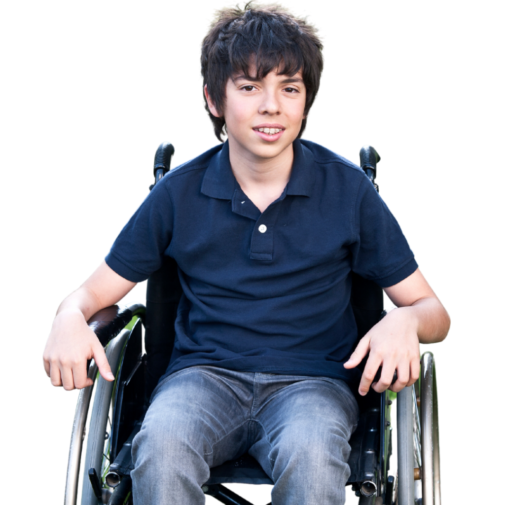 Caucasian youth with dark brown hair wearing a blue polo shirt and jeans sitting in a wheelchair